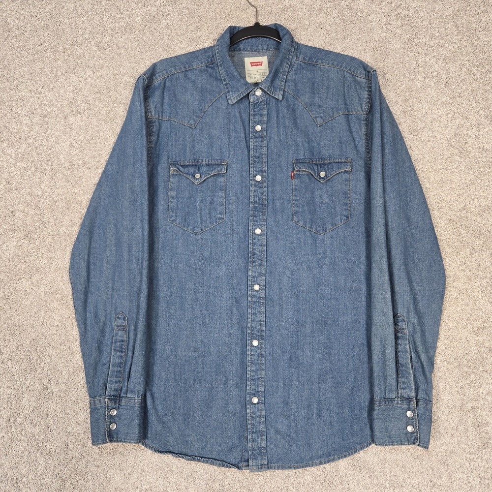 Levi's denim Shirt‎ Mens Medium Blue Pearl Snap Western Long Sleeve